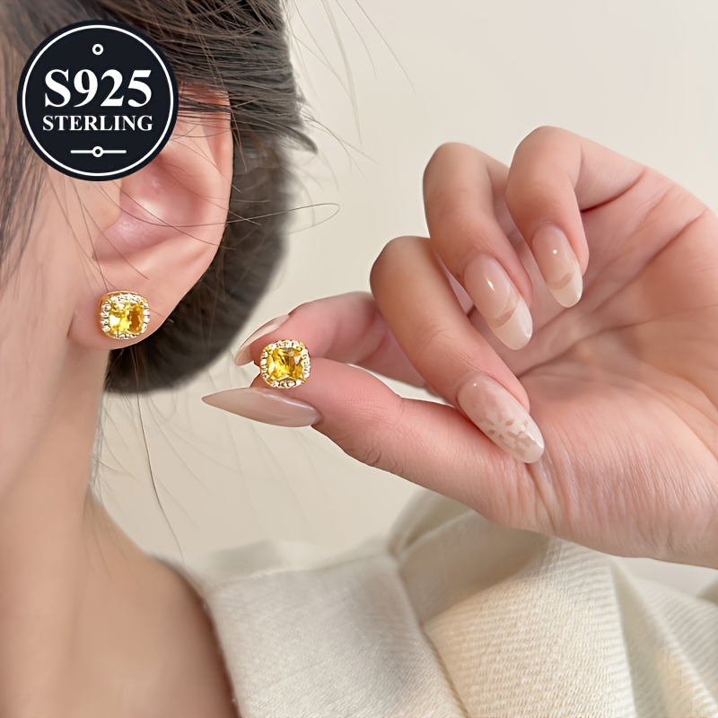Women's 925 Hypoallergenic Golden Small Square Stud Earrings